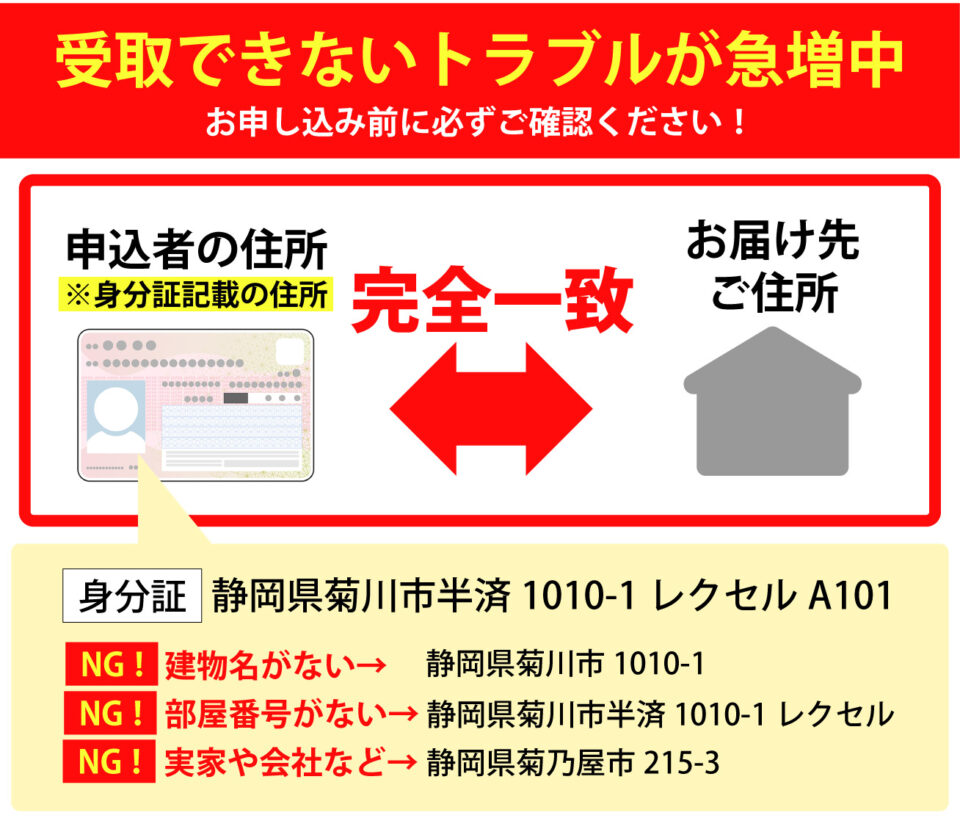 お申し込み前に必ずご確認ください！申込者住所とお届け先住所は完全一致です